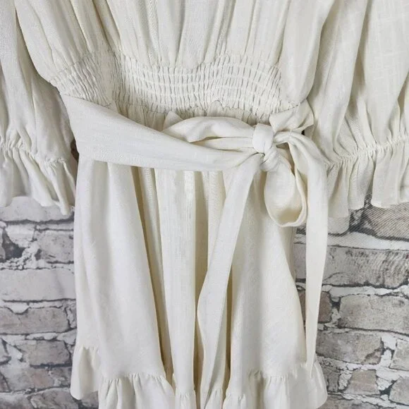 Ever New Puff Sleeve Ruffle Mini Dress Smocked Neckline Porcelain Ivory Size 6 - Picture 9 of 15